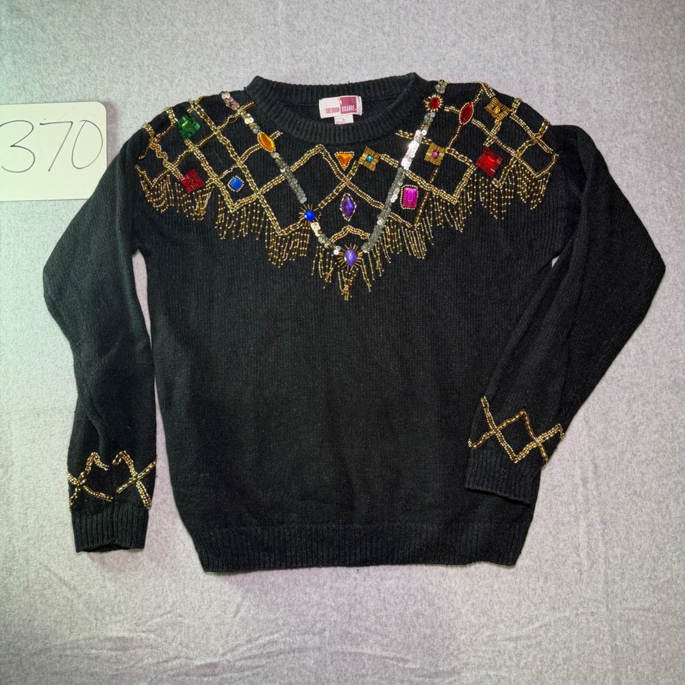 Sheridan Square Vintage Silk Angora Beaded Gemstone Fringe Sweater Black Large